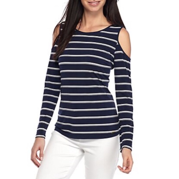 Calvin Klein Tops - 🛍CALVIN KLEIN Cold Shoulder Blue & White Top